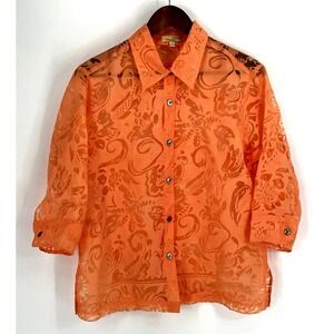 Choices Women Med Top‎ Button Front Orange Lace Floral Sheer Linen Blend